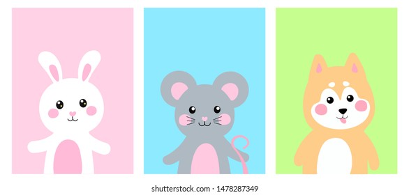 
Set of cute animals. Rabbit, mouse, dog. Isolated