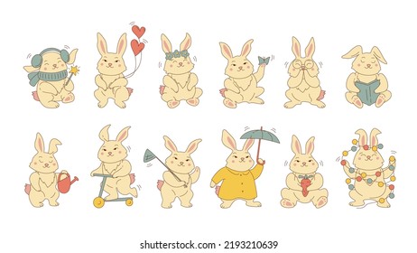 Set of cute animals rabbits character isolated on white background. Bundle of funny bunnies with glasses, scarf, heart, book, garland, umbrella, carrot, flower, scooter. Vector in cartoon kawaii style