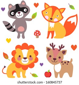 Set of cute animals: raccoon, fox, lion, deer. Doodle. Vector illustration. Cartoon