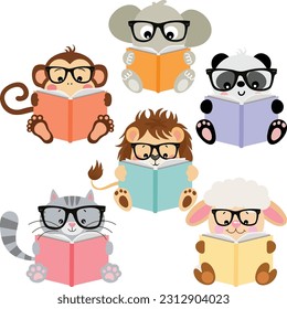 Set of cute animals reading a book