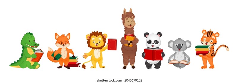 Set with cute animals reading books. Vector illustration for kids in cartoon flat style