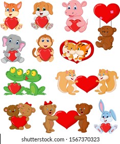 Set of cute animals with red heart