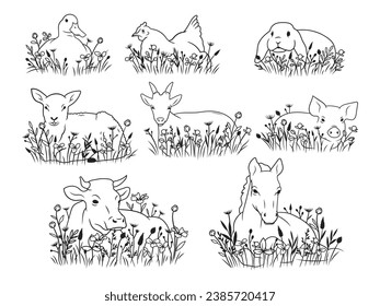 Un conjunto de lindos animales descansan en el césped. Colección de animales de granja en flores. Botánica. Animales florales. Ilustración vectorial en un fondo blanco.