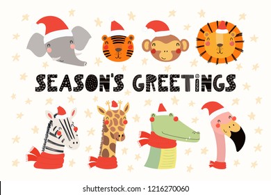 Set with cute animals in Santa Claus hats, typography. Isolated objects on white background. Hand drawn vector illustration. Scandinavian style flat design. Concept for Christmas, children print.