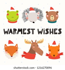 Set with cute animals in Santa Claus hats, typography. Isolated objects on white background. Hand drawn vector illustration. Scandinavian style flat design. Concept for Christmas, children print.