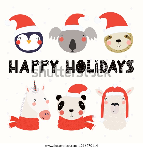 Set Cute Animals Santa Claus Hats Stock Vector (royalty Free 