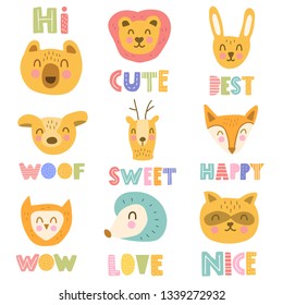 Set of cute animals. Scandinavian, nordic style. Simple hand drawn vector illustration design. Best for nursery, childish textile, apparel, poster, postcard.