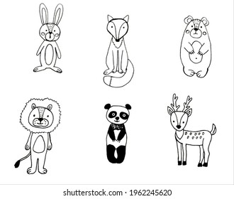 set of cute animals in scandinavian style. Fox, hare, bear, deer, lion and panda on a white background. Coloring book for children.