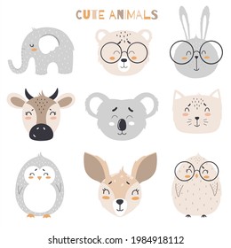 Set of cute animals in scandinavian style for childish design isolated on white background