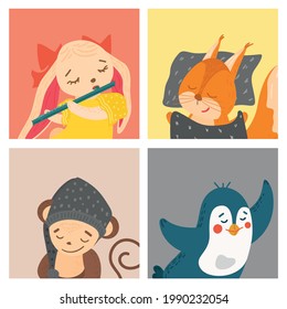 Set of cute animals in the Scandinavian style. Vector rabbit, sleeping squirrel, penguin, monkey. Posters with cute drawn animals for nursery. Design for printing on children's textiles, postcards.