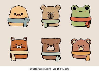 conjunto de animais bonitos com cachecol 