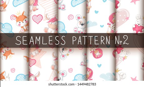 Set cute animals - seamless pattern. Hand draw