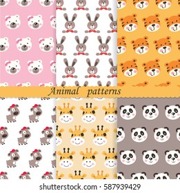 Set of  cute animals seamless patterns. Wrapping paper, scrapbook paper, bedding pattern vector illustration