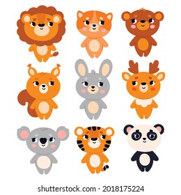 A set of cute animals in a simple modern style. Lion, tiger, deer, squirrel and others. Forest and jungle animals
