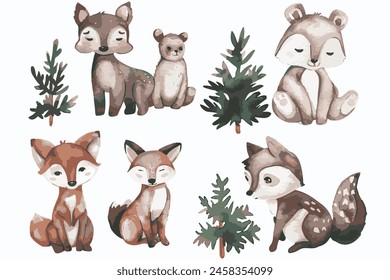 Set of cute animals, a simple watercolor clipart, white background.