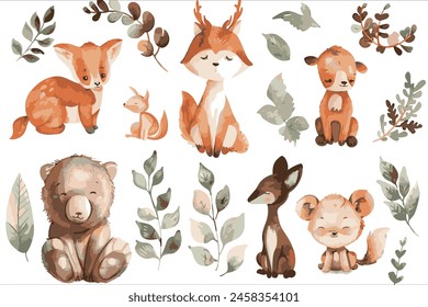 Set of cute animals, a simple watercolor clipart, white background.