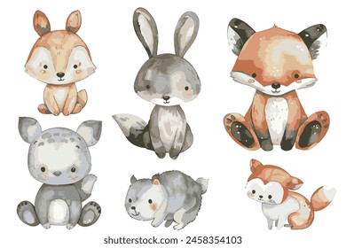 Set of cute animals, a simple watercolor clipart, white background.