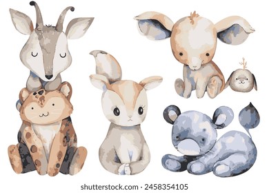 Set of cute animals, a simple watercolor clipart, white background.