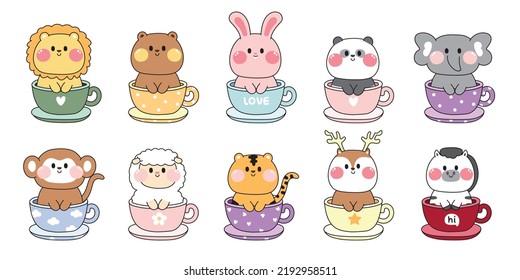 Conjunto de lindos animales sentados en una taza de dibujos animados sobre fondo blanco. Colección de diseño de carácter animal salvaje. León, oso, conejo, panda, elefante, mono, ovejas, tigre, ciervo, mano de cebra dibujada. Kawaii.Vector.Ilustración.