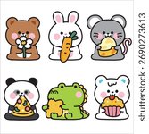 Set of cute animals sit and hold various object.Animal character cartoon design.Teddy,rabbit,mouse,panda,crocodile,polar bear.Pizza.Cheese.Cupcake.Kawaii.Vector.Illustration.