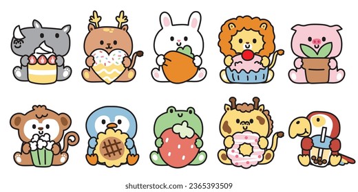 Set of cute animals sit and hold Various object on white background.Charatcer cartoon design.Wild,reptile,pet,farm animal hand drawn.Cake and dessert.flower.fruit.Kawaii.Vector.Illustration.