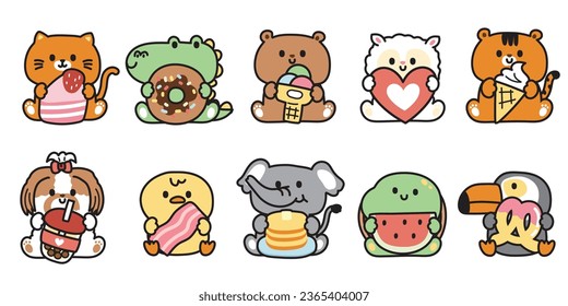 Set of cute animals sit and hold Various object on white background.Collection of charatcer cartoon design.Wild,reptile,pet,farm animal hand drawn.Cake and dessert.fruit.Kawaii.Vector.Illustration.