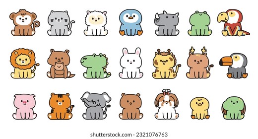 Set of cute animals sit on background.Cartoon kid hand drawn.Wild,farm,pet,reptile animal character design.Kawaii.Vector.Illustration.