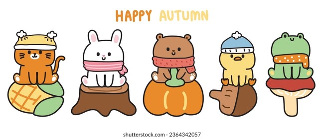 Set of cute animals sit on fall season object cartoon concept.Happy autumn text.Cat,rabbit,bear,chicken,frog hand drawn.Pet.Reptile.Wild.Kawaii.Vector.Illustration. 