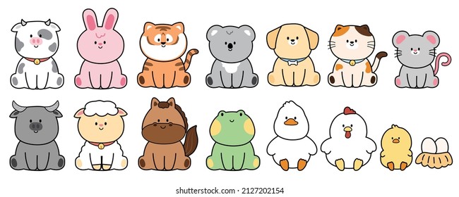 Set Of Cute Animals In Sit Poses On White Background.Cartoon Character Deign Collection.Smile Face.Isolated.Kawaii.Vector.Illustration.