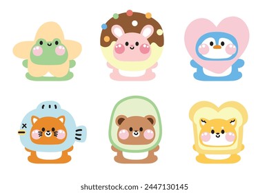 Set of cute animals sit poses wear various shape hat costume.Animal character cartoon design.Frog,rabbit,penguin,cat,bear,shiba inu dog.Kawaii.Vector.Illustration.