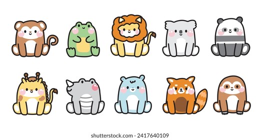 Set of cute animals sit poses.Wild and reptile animal cartoon design.Monkey,frog,lion,bear,giraffe,rhino,sloth hand drawn.Kid graphic collection.Kawaii.Vector.Illustration.