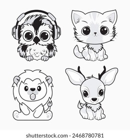Set of cute animals in sitting poses on white background. Black and white cartoon character design collection.Smile face.Isolated.Icon vector.Illustration.