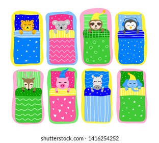 Set of cute animals sleeping in beds with pillows, blankets isolated on white background.