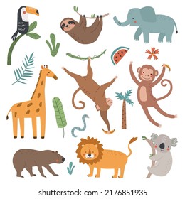 Set with cute animals sloth, giraffe, elephant, capybara, lion and monkey on a white background. Vector illustration for printing on fabric, wrapping paper, clothing. Cute baby background.