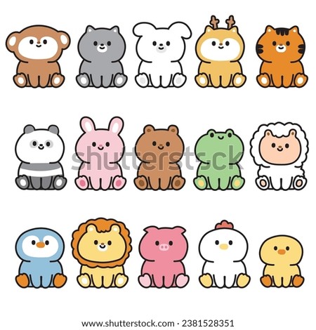 Set of cute animals smile and sit on white background.Kid graphic.Zoo,farm,reptile,rodent,pet animal hand drawn collection.Kawaii.Vector.Illustration.