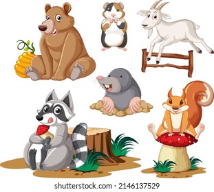 Set of cute animals smiling illustration