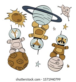 Set with cute animals in space. Fox, raccoon and deer in spacesuits standing on planets isolated on white background. Vector illustration.