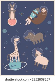 set of cute animals in a spacesuit in space