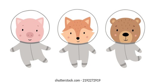 Eine Reihe süßer Tiere in Raumgeräten. Die lustigen Cartoons im All. handgezeichnete Vektorgrafik