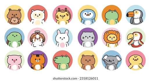 Set of cute animals stand on circle background.Zoo cartoon collection.Wild,farm,pet,reptile hand drawn.Kid graphic design.Kawaii.Vector.Illustration.