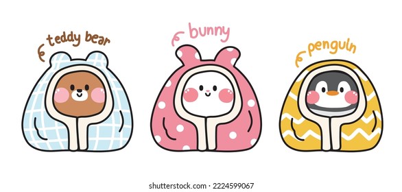 Set of cute animals stay in blanket cartoon.Character design.Cold weather.Winter season.Bear,rabbit,penguin hand drawn.Kawaii.Vector.Illustration.