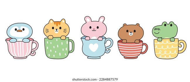 Set of cute animals stay in cup on white background.Wild and pet animal hand drawn collection.Penguin,cat,rabbit,bear,crocodile.Kid graphic.Kawaii.Vector.Illustration.