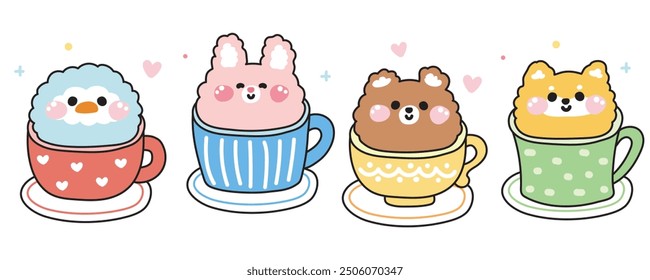 Set of cute animals stay in a cup of tea and coffee on white background.Penguin,rabbit,bear,shiba inu dog hand drawn.Cartoon character.Breakfast drink.Kawaii.Vector.Illustration.