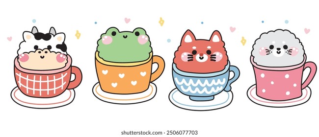 Set of cute animals stay in a cup of tea and coffee on white background.Cow,frog,fox,seal hand drawn.Cartoon character.Breakfast drink.Kawaii.Vector.Illustration.