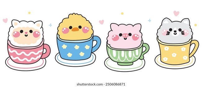 Set of cute animals stay in a cup of tea and coffee on white background.Sheep,chicken,pig,cat hand drawn.Cartoon character.Breakfast drink.Kawaii.Vector.Illustration.