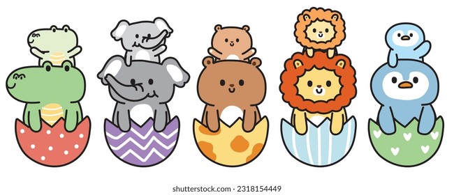 Set of cute animals stay in egg.Mom and kid.Zoo animal character design.Wild,reptile,bird hand drawn collection.Isolated.Kawaii.Vector.Illustration.