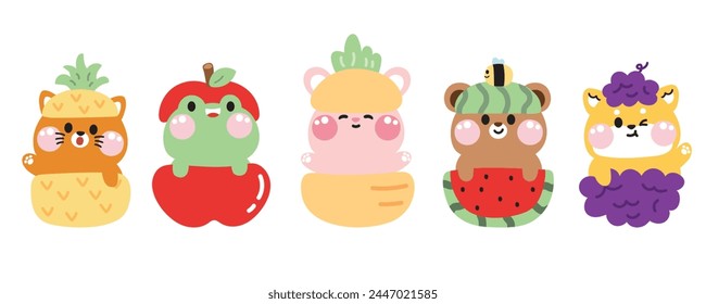 Conjunto de animales lindos estancia en frutas.Animal personaje de dibujos animados colección.Gato, rana, conejo, oso, shiba inu dibujado a mano.Summer.Kawaii.Vector.Illustración.