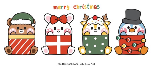 Set of cute animals stay in gift box merry christmas concept.Winter festival.Santa.Teddy bear,rabbit,deer,penguin hand drawn.Kid graphic.Kawaii.Vector.Illustration.