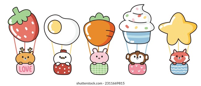 Set of cute animals stay in various shape of balloon cartoon.Wild and farm animal.Strawberry,carrot,fried egg,cupcake,star hand drawn.Kawaii.Vector.Illustration.