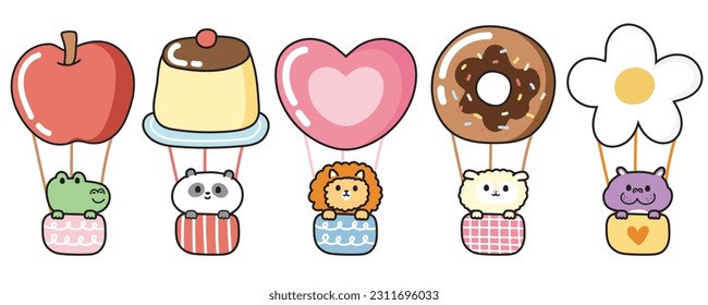 Set of cute animals stay in various shape of balloon cartoon.Wild and farm animal.Apple,pudding,heart,donut,flower hand drawn.Kawaii.Vector.Illustration.